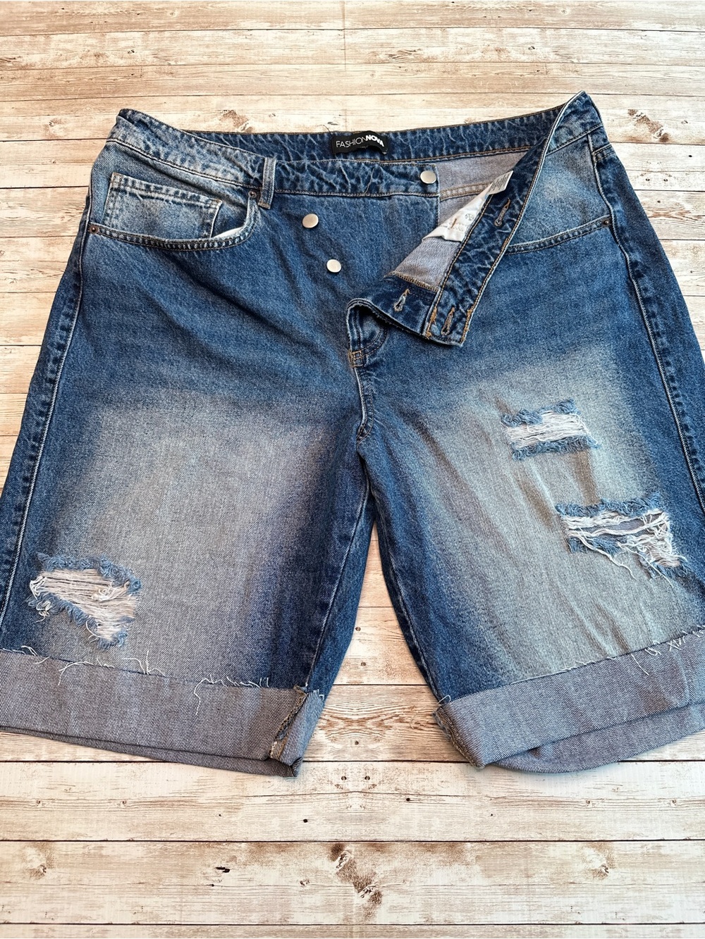 Fashion Nova Women Blue Distressed Denim Shorts